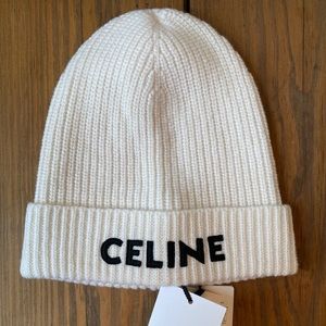 CELINE EMBROIDERED KNIT WOOL BEANIE OFF WHITE